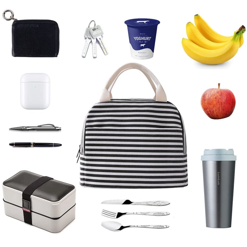 EurCross Canvas Lunch Tote Bag for Women for Work with Black and White Stripes, Reusable Insulated Meal Prep Preppy Lunch Box Bag for Daily Use, Cute Lunch Cooler Bento Boxes Bags - Image 3