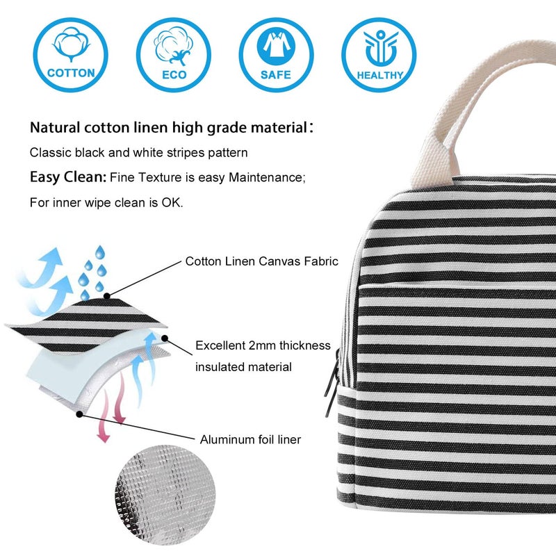 EurCross Canvas Lunch Tote Bag for Women for Work with Black and White Stripes, Reusable Insulated Meal Prep Preppy Lunch Box Bag for Daily Use, Cute Lunch Cooler Bento Boxes Bags - Image 2