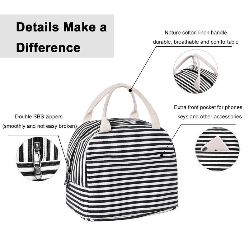 EurCross Canvas Lunch Tote Bag for Women for Work with Black and White Stripes, Reusable Insulated Meal Prep Preppy Lunch Box Bag for Daily Use, Cute Lunch Cooler Bento Boxes Bags - Image 4