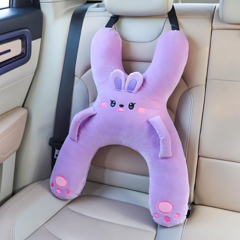 WASTROYAL Car Pillow for Travel – Animal-Themed Car Seat Cushion with Safety Belt Protector – 4 Cute Styles: Pig, Dog, Rabbit, Panda (Rabbit) - Image 1