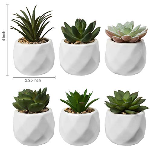 MyGift Mini Assorted Green Faux Succulent, Indoor Fake Plants in Geometric Ceramic Pots, Set of 6 - Image 4