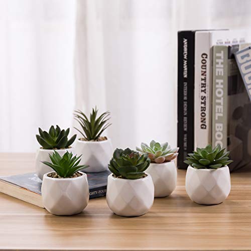 MyGift Mini Assorted Green Faux Succulent, Indoor Fake Plants in Geometric Ceramic Pots, Set of 6 - Image 2
