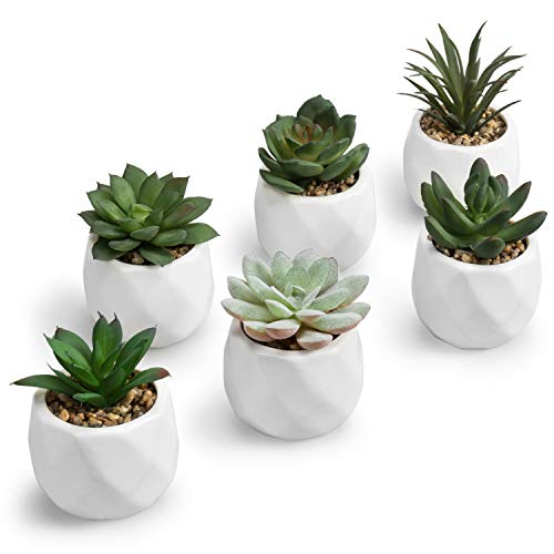 MyGift Mini Assorted Green Faux Succulent, Indoor Fake Plants in Geometric Ceramic Pots, Set of 6 - Image 1