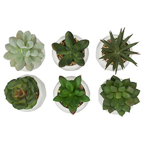 MyGift Mini Assorted Green Faux Succulent, Indoor Fake Plants in Geometric Ceramic Pots, Set of 6 - Image 3