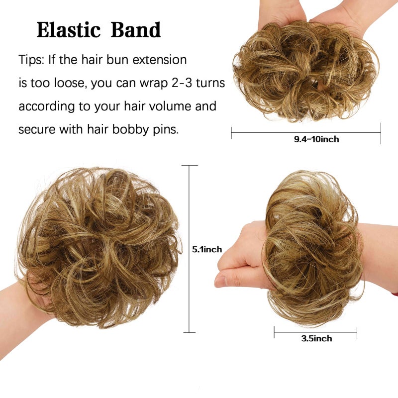 FESHFEN Human Messy Buns - 100% Human Hair Bun Real Scrunchies Hair Pieces Ponytail Extensions Wavy Tousled Updo Chignon Hairpieces for Womenï¼ŒLight Brown Mixed Blonde - Image 3