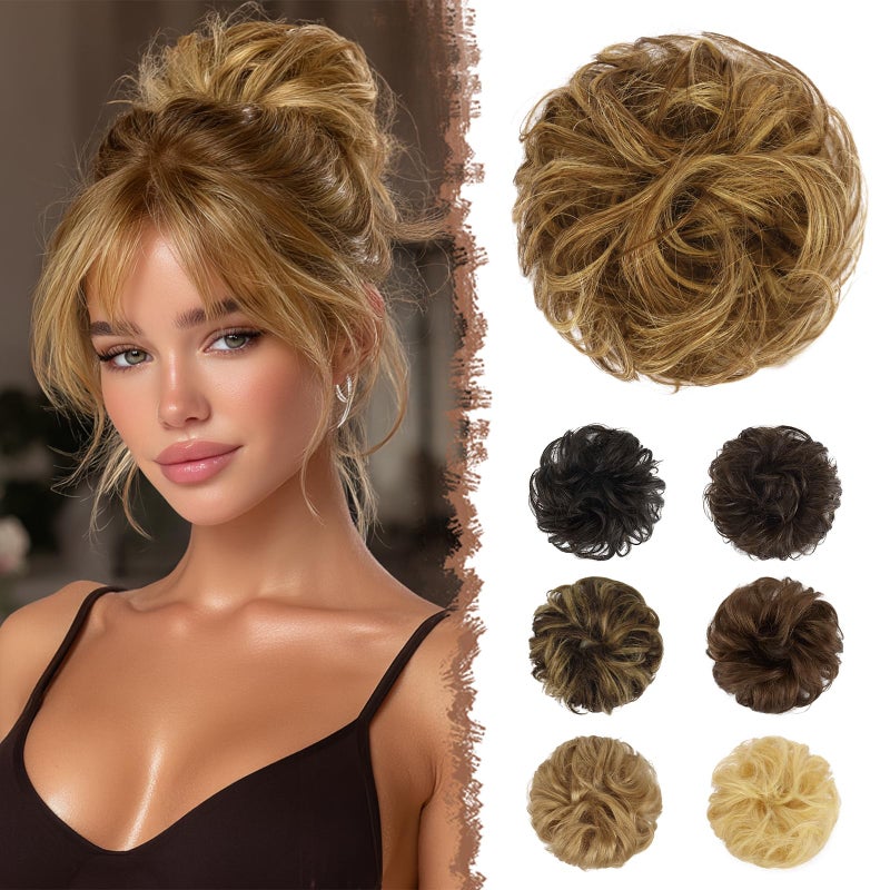 FESHFEN Human Messy Buns - 100% Human Hair Bun Real Scrunchies Hair Pieces Ponytail Extensions Wavy Tousled Updo Chignon Hairpieces for Womenï¼ŒLight Brown Mixed Blonde - Image 1