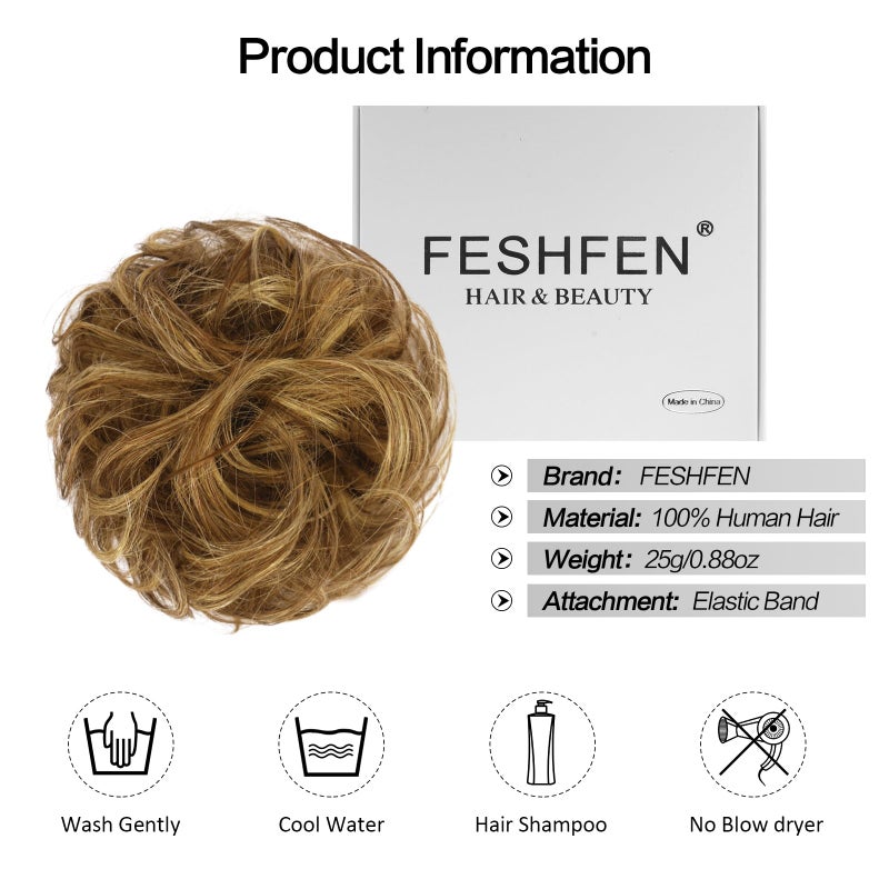 FESHFEN Human Messy Buns - 100% Human Hair Bun Real Scrunchies Hair Pieces Ponytail Extensions Wavy Tousled Updo Chignon Hairpieces for Womenï¼ŒLight Brown Mixed Blonde - Image 5