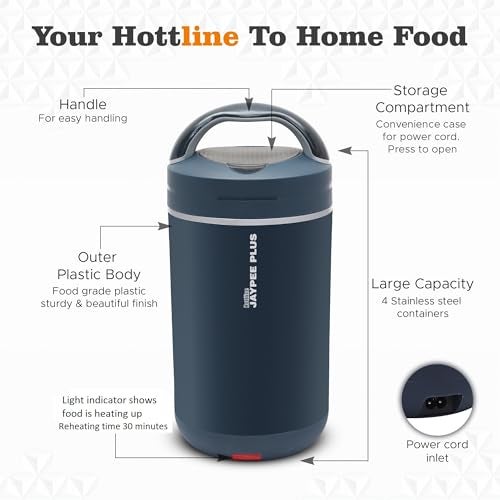 Jaypee Plus Hottline Electric Lunch Box with 4 Stainless Steel Container 320x4 ml Office Lunch Box for Men & Women Spillproof Leakproof Tiffin Box Perfect for Hot Food Reheat Food in 30 Minute,Blue - Image 2