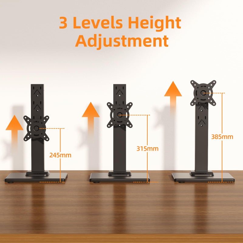 Suptek Single LCD Computer Monitor Free-Standing Desk Stand Mount Riser for 13 inch to 43 inch Screen with Swivel, Height Adjustable, Rotation, 50,75& 100mm Vesa Base Stand, Black - Image 3