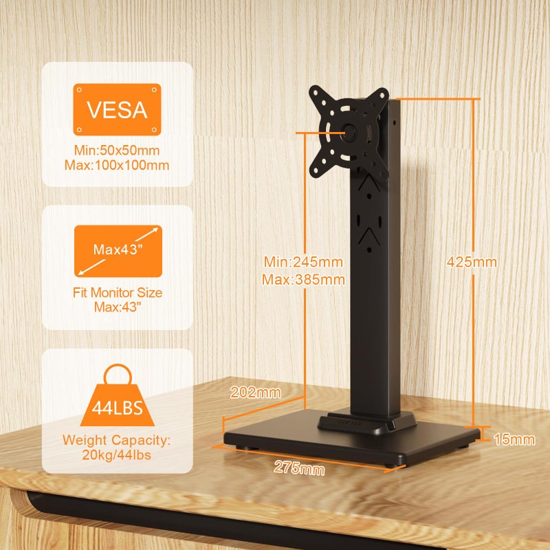 Suptek Single LCD Computer Monitor Free-Standing Desk Stand Mount Riser for 13 inch to 43 inch Screen with Swivel, Height Adjustable, Rotation, 50,75& 100mm Vesa Base Stand, Black - Image 2