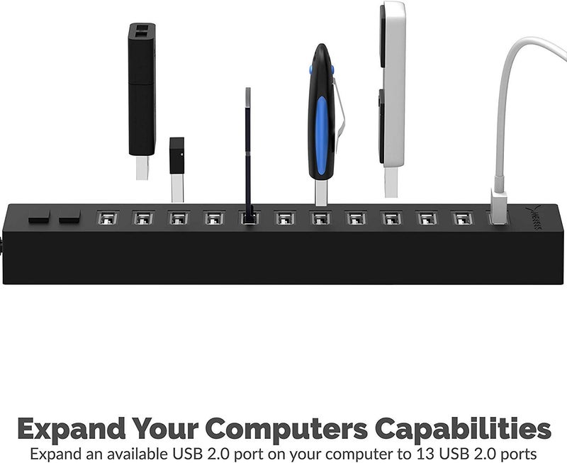 SABRENT محور USB 2.0 عالي السرعة 13 منفذ من SABRENT مع محول طاقة و 2 مفتاح تحكم (HB-U14P) - Image 2