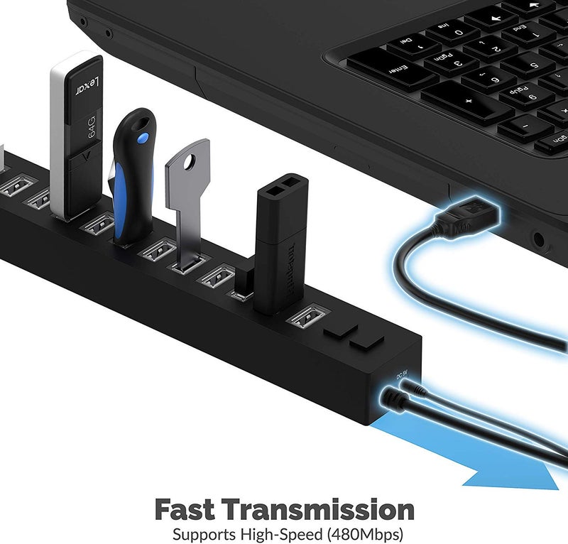 SABRENT محور USB 2.0 عالي السرعة 13 منفذ من SABRENT مع محول طاقة و 2 مفتاح تحكم (HB-U14P) - Image 5
