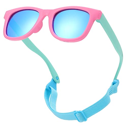 COASION Bendable Flexible Polarized Newborn Baby Sunglasses with Strap for Infant Boys Girls Age 0-12 Months (Pink-Green/Blue Mirror) - Image 1
