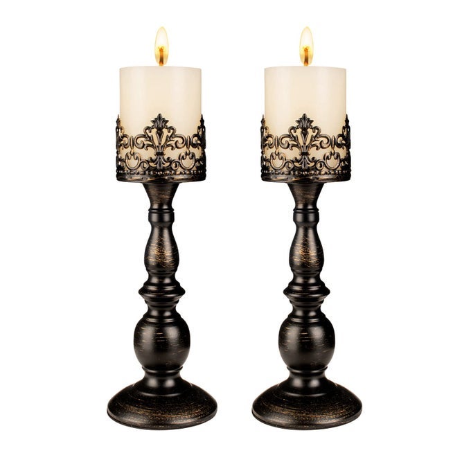CANDLE HOLDERS FOR PILLAR CANDLES GOTHIC MATTE BLACK VINTAGE TALL CANDLE HOLDERS SET OF 2 DECORATIVE LARGE TABLE CENTERPIECES CANDLE STAND DECOR DISTRESSED BLACK 2PCS A
