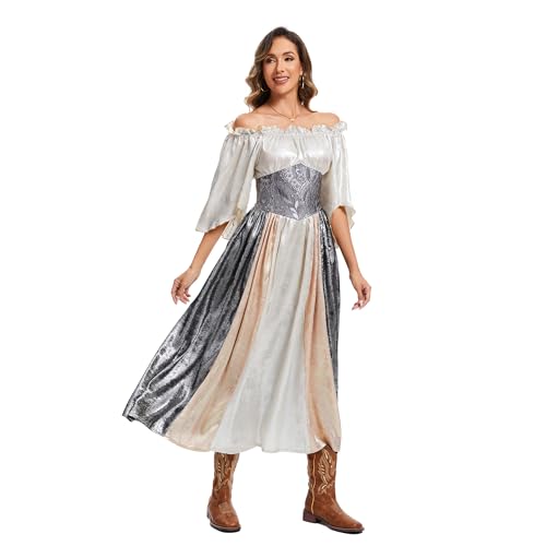 Pixiemain Renaissance Costume Women Medieval Chemise Princess Dress Victorian Fairy Halloween Costume Silver M - Image 3