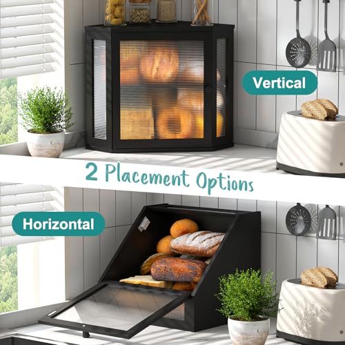 Vriccc Corner Bread Box, Bamboo Bread Box for Kitchen Countertop, 2 Tier Wooden Bread Storage, Black - Image 5