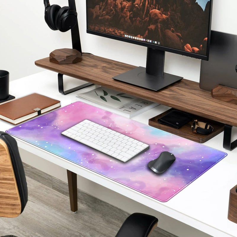 YKJWW Desk Pad Purple Starry Sky Cute Gaming Mouse Pad Galaxy Gamer Girl Cute Pink Desk Decor Keyboard Desk Mat, Stitched Edges Desktop with Stitched Edges Non-Slip Large Computer Mat 31.5x15.7 in - Image 4