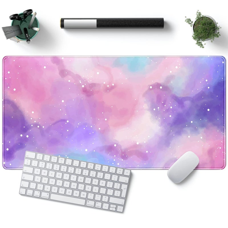 YKJWW Desk Pad Purple Starry Sky Cute Gaming Mouse Pad Galaxy Gamer Girl Cute Pink Desk Decor Keyboard Desk Mat, Stitched Edges Desktop with Stitched Edges Non-Slip Large Computer Mat 31.5x15.7 in - Image 1