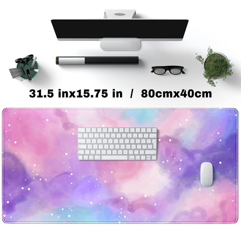 YKJWW Desk Pad Purple Starry Sky Cute Gaming Mouse Pad Galaxy Gamer Girl Cute Pink Desk Decor Keyboard Desk Mat, Stitched Edges Desktop with Stitched Edges Non-Slip Large Computer Mat 31.5x15.7 in - Image 2