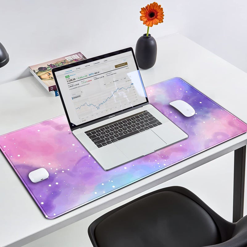 YKJWW Desk Pad Purple Starry Sky Cute Gaming Mouse Pad Galaxy Gamer Girl Cute Pink Desk Decor Keyboard Desk Mat, Stitched Edges Desktop with Stitched Edges Non-Slip Large Computer Mat 31.5x15.7 in - Image 3