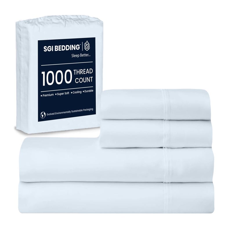 SGI 1000 Thread Count Egyptian Cotton Queen Sheet Set Ultra Soft Deep Pocket 15 Fitted Breathable HotelQualityLuxury 4Piece Premium Bedding Set for Crisp Durable Comfort Light Blue