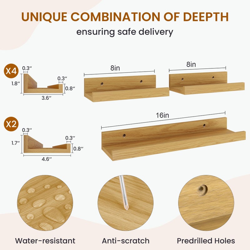 Axeman Picture Ledge Shelf, Floating Shelves for Decor Storage Set of 6, 16 inch Floating Wall Mounted Shelves, Wall Shelves with Lip for Living Room, Bedroom, Nursery, Bathroom, Kitchen, Oak - Image 3