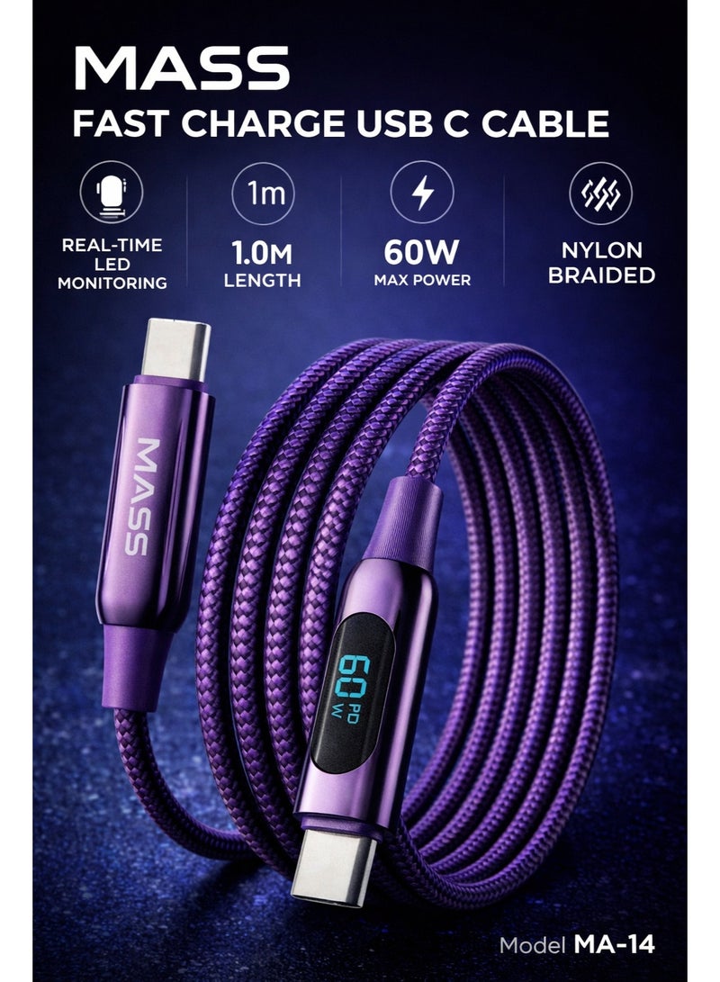 ماس كابل USB-C إلى USB-C بقوة 60 واط مع شاشة LED رقمية (1 متر) - شحن سريع جدا بتقنية PD، بتقنية الوقف الذاتي للشحن، مضفر من النايلون - الموديل: MA-13، لأجهزة MacBook و iPad Pro بتصميم مضفر من القماش - ضمان محلي لمدة عام - Image 4