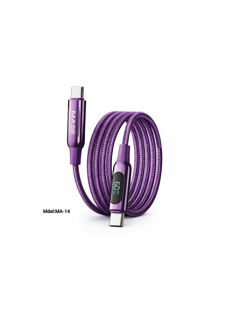 ماس كابل USB-C إلى USB-C بقوة 60 واط مع شاشة LED رقمية (1 متر) - شحن سريع جدا بتقنية PD، بتقنية الوقف الذاتي للشحن، مضفر من النايلون - الموديل: MA-13، لأجهزة MacBook و iPad Pro بتصميم مضفر من القماش - ضمان محلي لمدة عام - Image 5