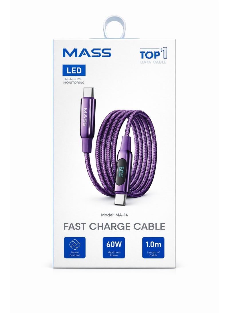 ماس كابل USB-C إلى USB-C بقوة 60 واط مع شاشة LED رقمية (1 متر) - شحن سريع جدا بتقنية PD، بتقنية الوقف الذاتي للشحن، مضفر من النايلون - الموديل: MA-13، لأجهزة MacBook و iPad Pro بتصميم مضفر من القماش - ضمان محلي لمدة عام - Image 1