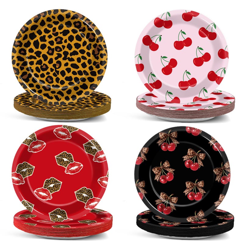 73Hours 48Pcs Leopard Print Party Paper Plates Cherry Cheetah Birthday Decorations Leopard Cherry Theme Dessert Plates Red and Black Disposable Tableware for Women Girls Coquette Bachelorette Party Supplies - Image 1