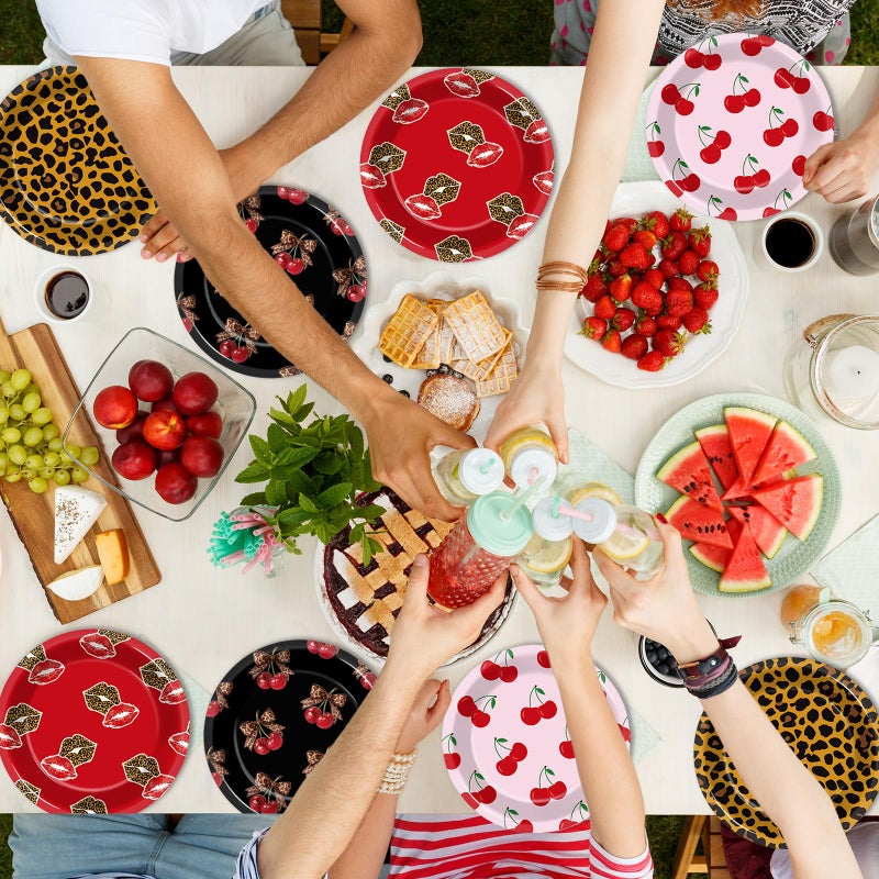 73Hours 48Pcs Leopard Print Party Paper Plates Cherry Cheetah Birthday Decorations Leopard Cherry Theme Dessert Plates Red and Black Disposable Tableware for Women Girls Coquette Bachelorette Party Supplies - Image 5