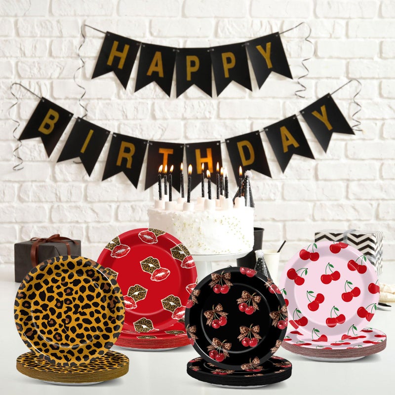 73Hours 48Pcs Leopard Print Party Paper Plates Cherry Cheetah Birthday Decorations Leopard Cherry Theme Dessert Plates Red and Black Disposable Tableware for Women Girls Coquette Bachelorette Party Supplies - Image 4