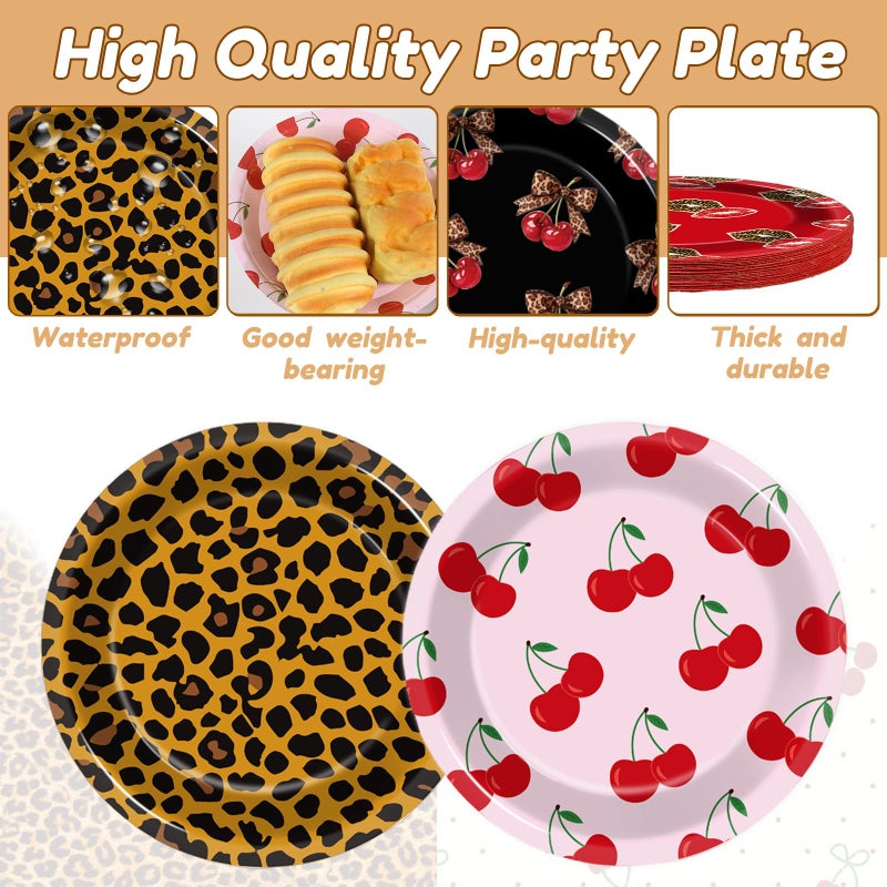 73Hours 48Pcs Leopard Print Party Paper Plates Cherry Cheetah Birthday Decorations Leopard Cherry Theme Dessert Plates Red and Black Disposable Tableware for Women Girls Coquette Bachelorette Party Supplies - Image 3