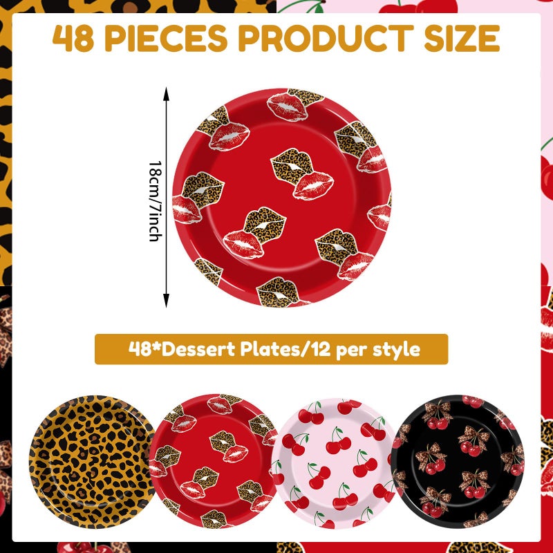 73Hours 48Pcs Leopard Print Party Paper Plates Cherry Cheetah Birthday Decorations Leopard Cherry Theme Dessert Plates Red and Black Disposable Tableware for Women Girls Coquette Bachelorette Party Supplies - Image 2