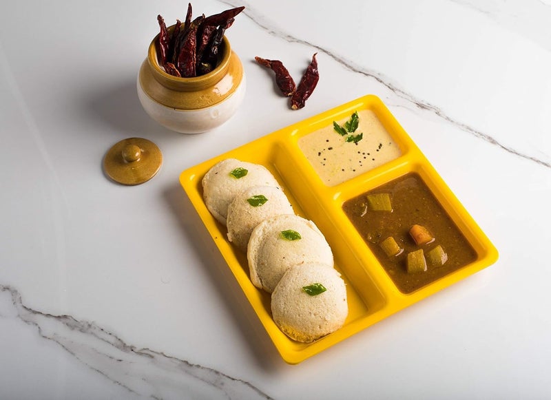 KC Plastic Partition Plate 3 in1 / Bhojan Thali/Dinner Plate Set of 6 (Yellow) - Image 2