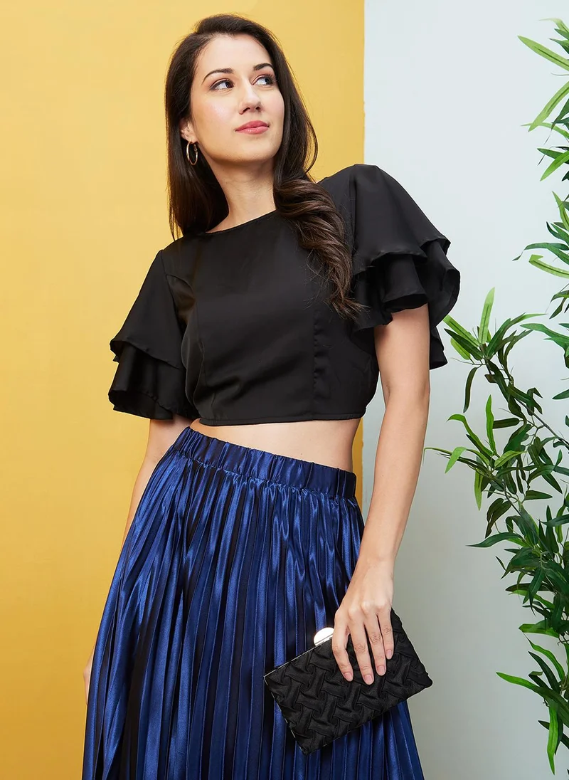 globus Globus Women Black Round Neck Flared Sleeves Crop Top