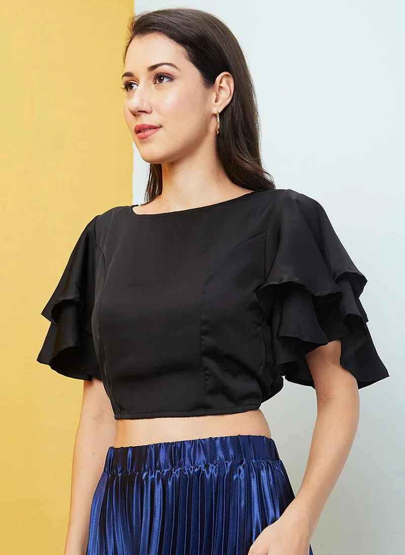 globus Globus Women Black Round Neck Flared Sleeves Crop Top