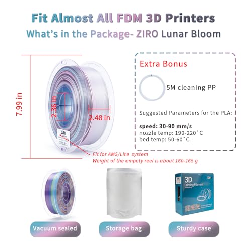 ZIRO Fast Color Change PLA, 1.75mm Color Gradient Filament, Glossy Rainbow PLA Filaments, Fit Most 3D Printer Pen, Shiny Surface Rainbow 1KG/2.2lbs Spool, Lunar Bloom (Silk) - Image 5