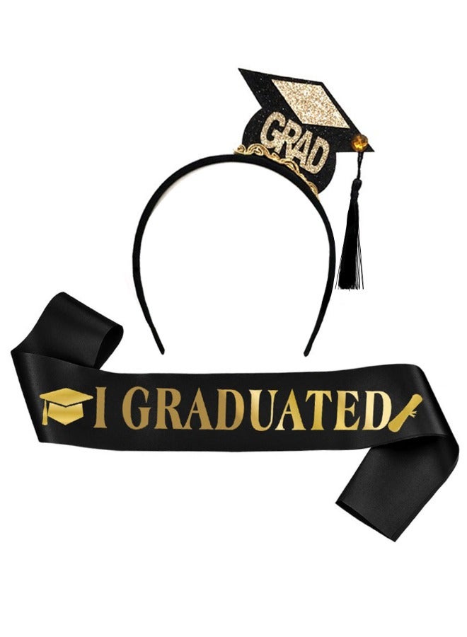 2-Piece Graduation Headband and Sash Set, Mini Bachelor Cap Headbands with Gold Tassel Graduated Sash for Graduation Party, Grad Tiara and Graduated Sash for Dress Up Costume Accessory Supplies - Image 1