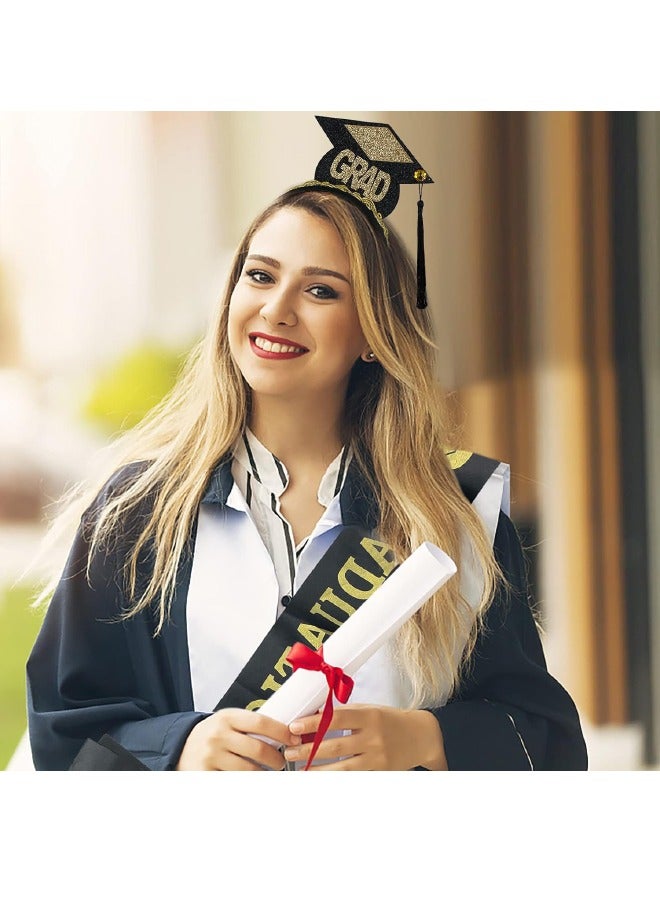 2-Piece Graduation Headband and Sash Set, Mini Bachelor Cap Headbands with Gold Tassel Graduated Sash for Graduation Party, Grad Tiara and Graduated Sash for Dress Up Costume Accessory Supplies - Image 2