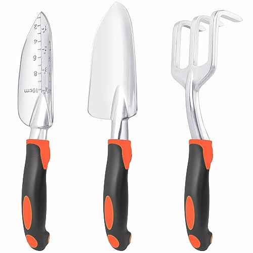 MECHEER Garden Tools Set, 3 Pack Heavy Duty Gardening Tools Set Include Garden Shovel, Transplant Trowel and Hand Rake with Ergonomic Handle, Aluminum Alloy Lawn for Planting, Orange - Image 1