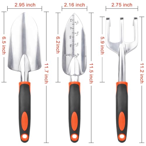 MECHEER Garden Tools Set, 3 Pack Heavy Duty Gardening Tools Set Include Garden Shovel, Transplant Trowel and Hand Rake with Ergonomic Handle, Aluminum Alloy Lawn for Planting, Orange - Image 2