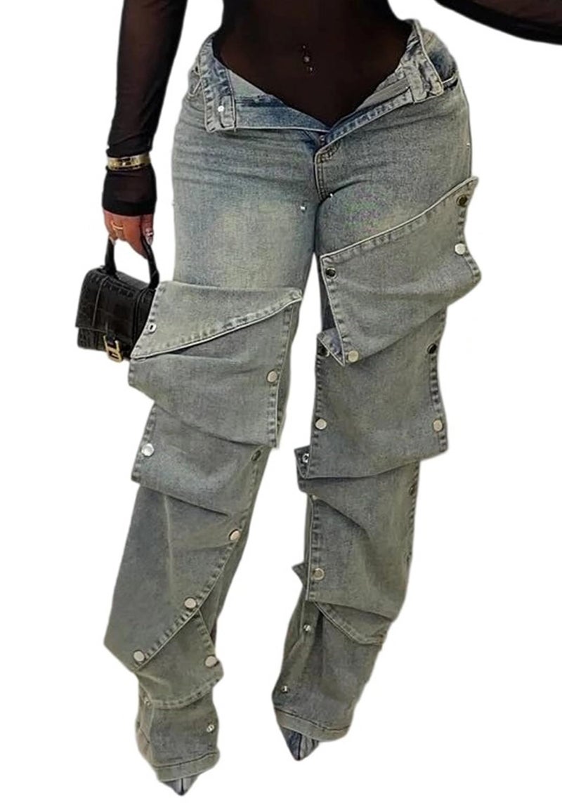 NRTHYE Women Cargo Jeans High Waisted Straight Wide Leg Jeans Pants Button Detachable Denim Cargo Trousers - Image 1