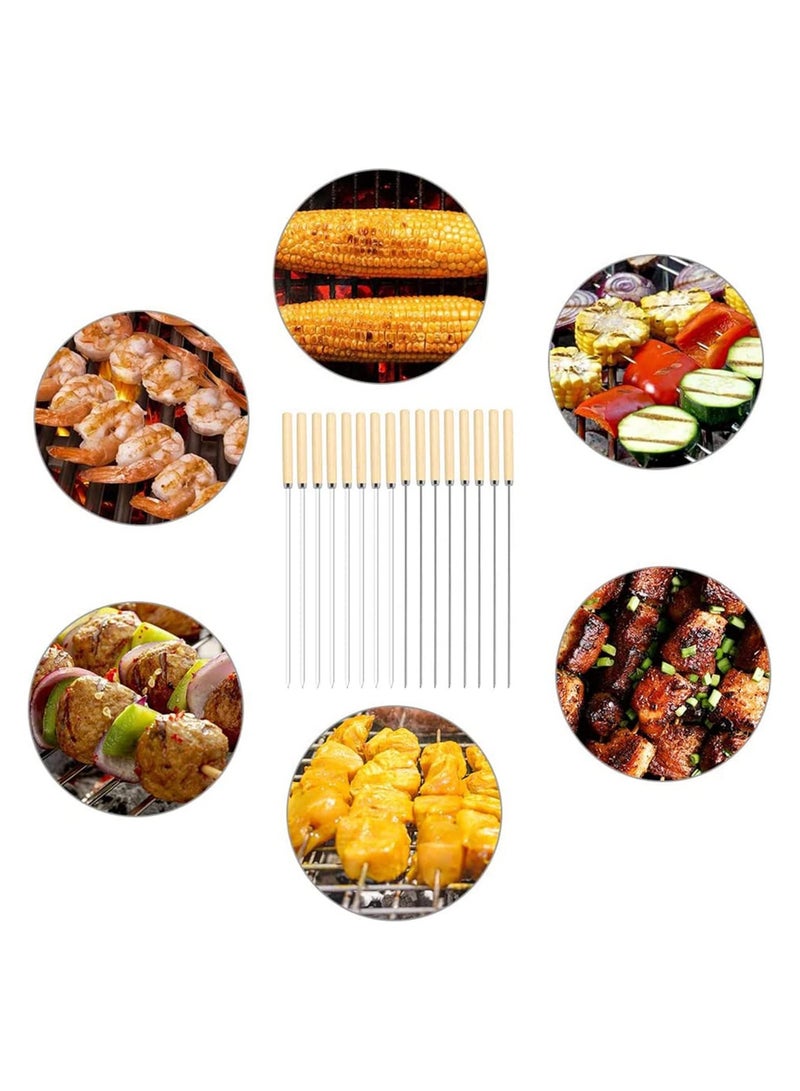 SYOSI سيخ الكباب، 20 قطعة من سيخ الشواء المصنوع من الفولاذ المقاوم للصدأ، سيخ معدني لإعادة الاستخدام، سيخ مسطح ومستدير للشواء، سيخ للحوم بمقبض خشبي، مع جهاز سريع للتثبيت على اللحم - Image 4