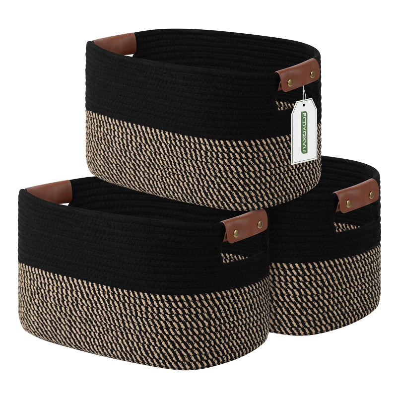 ECDYQXVU Cotton Rope Basket, Storage Baskets with Handle, 15x10x9 Inch Woven Basket for Shelves, Laundry, Towels, Clothes, Books, (Black Brown 3 Pack) - Image 1
