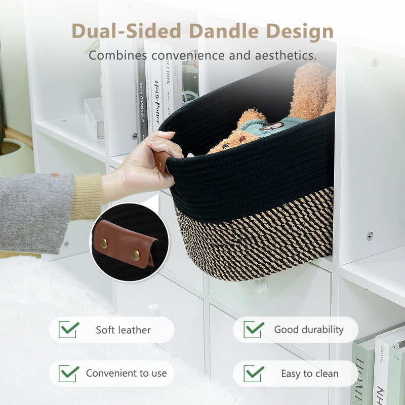 ECDYQXVU Cotton Rope Basket, Storage Baskets with Handle, 15x10x9 Inch Woven Basket for Shelves, Laundry, Towels, Clothes, Books, (Black Brown 3 Pack) - Image 4