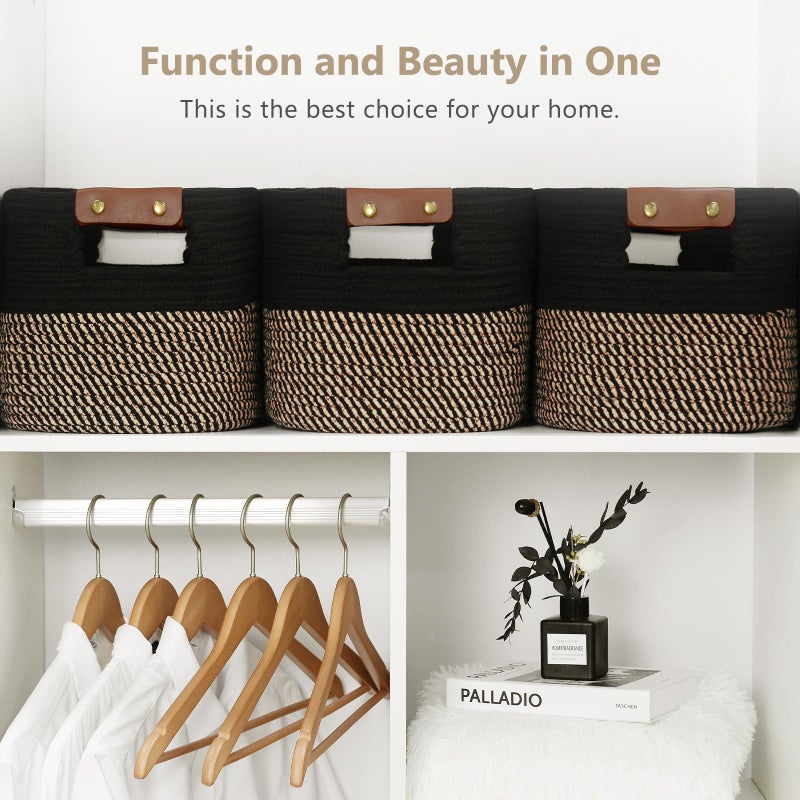 ECDYQXVU Cotton Rope Basket, Storage Baskets with Handle, 15x10x9 Inch Woven Basket for Shelves, Laundry, Towels, Clothes, Books, (Black Brown 3 Pack) - Image 5