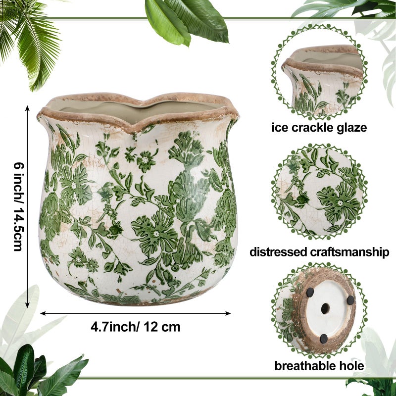 Newtay 6 Inch Ceramic Planter Green Scroll Planter Decorative Plant Pots with Crackle Glaze for Home Garden Kitchen - Image 2