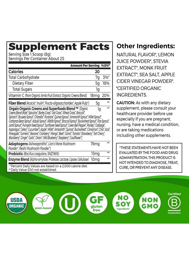 أورجين مسحوق مكمل الألياف العضوية من أورجين، مزيج 5 في 1 مع مليار بروبيوتيك، وخضروات، وفيتامين سي، ومواد تكييفية لصحة الأمعاء ودعم المناعة، غير معدلة وراثيًا، بنكهة الليمون والفراولة، 7.05 أونصة - Image 2