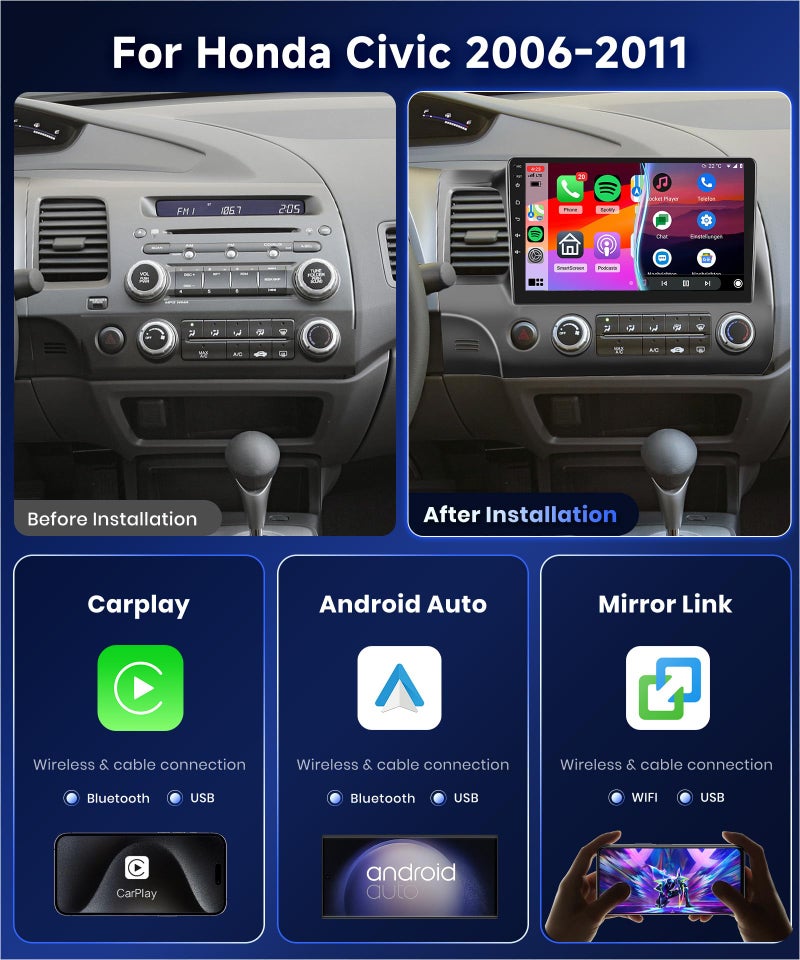 Podofo 4G 64G Car Stereo for Honda Civic 2006-2011 Radio with 10.1inch 1280x720 IPS Touch Screen AI Radio DSP 36EQ Wireless Carplay Android Auto Bluetooth 5.0 GPS FM/RDS WiFi MirrorLink AHD Backup Camera - Image 3